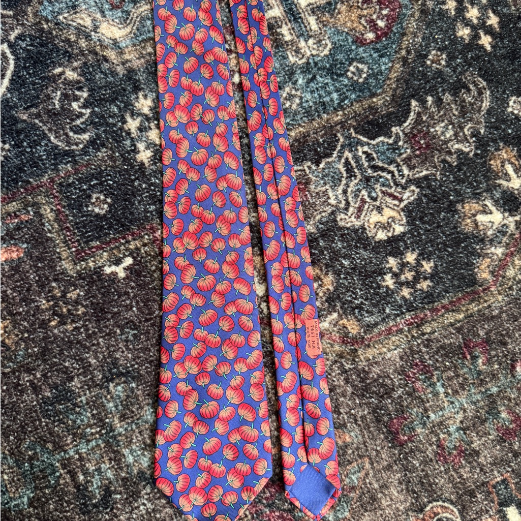 Vintage Hermes Blue And Orange Pumpkin Patterned Tie (7451 Ha)